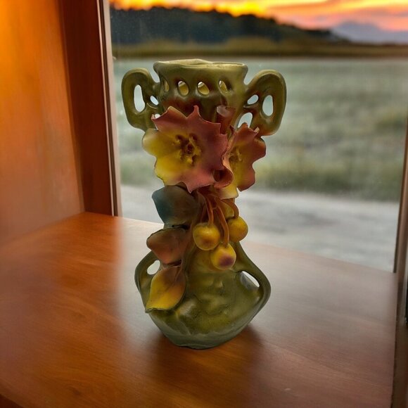 Royal Dux Antique Amphora Austrian Art Nouveau Cherries and Blossoms Vase 8.25" - Picture 2 of 16